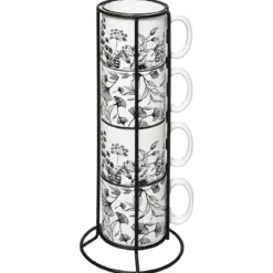 RACK 4 MUGS M WHITE FLORAL