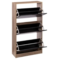 RANGE CHAUSSURES 3 TIROIRS 18 PAIRES BOIS NOIR NATUREL