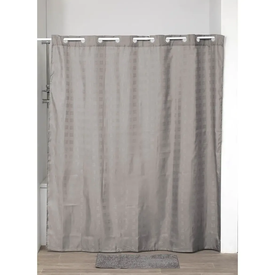RIDEAU DE DOUCHE POLYESTER MOTIF CARRE ANNEAUX INTEGRES 180X
