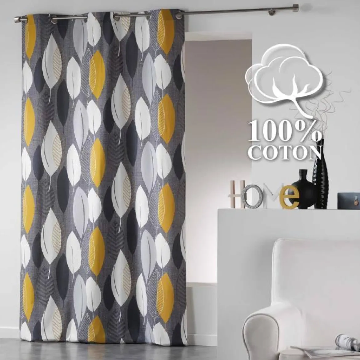 RIDEAU A OEILLETS 140X240CM COTON IMP LEAFY JAUNE