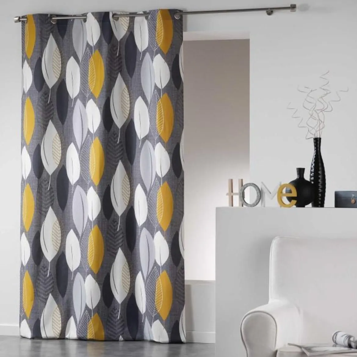 RIDEAU A OEILLETS 140X240CM COTON IMP LEAFY JAUNE