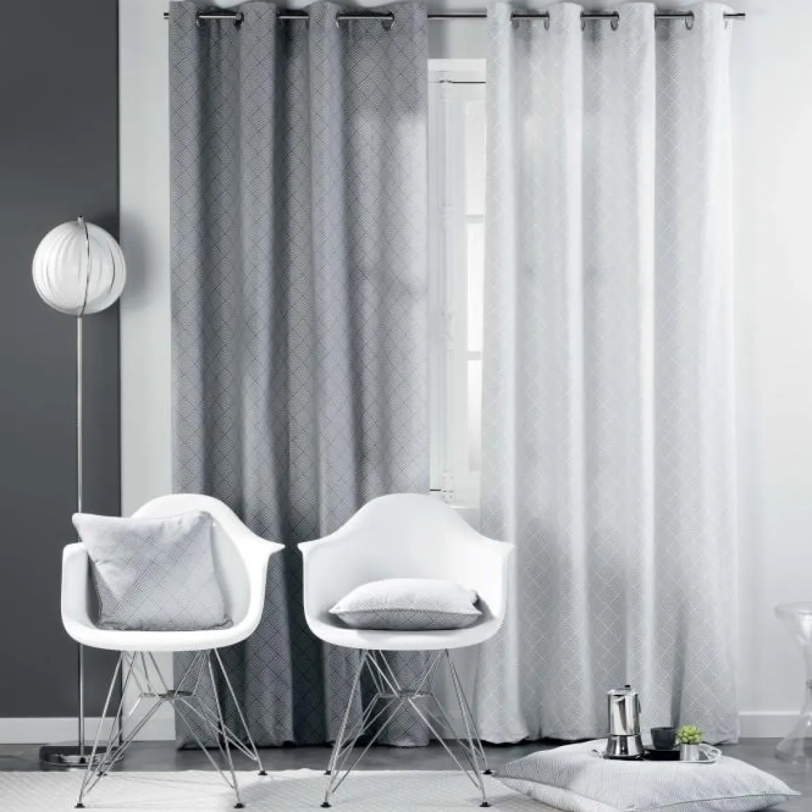RIDEAU A OEILLETS 140X240CM COTON LENON GRIS BLANC