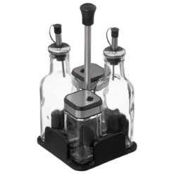 SET BOUTEILLE HUILE VINAIGRE SEL POIVRE VERRE AVEC SUPPORT