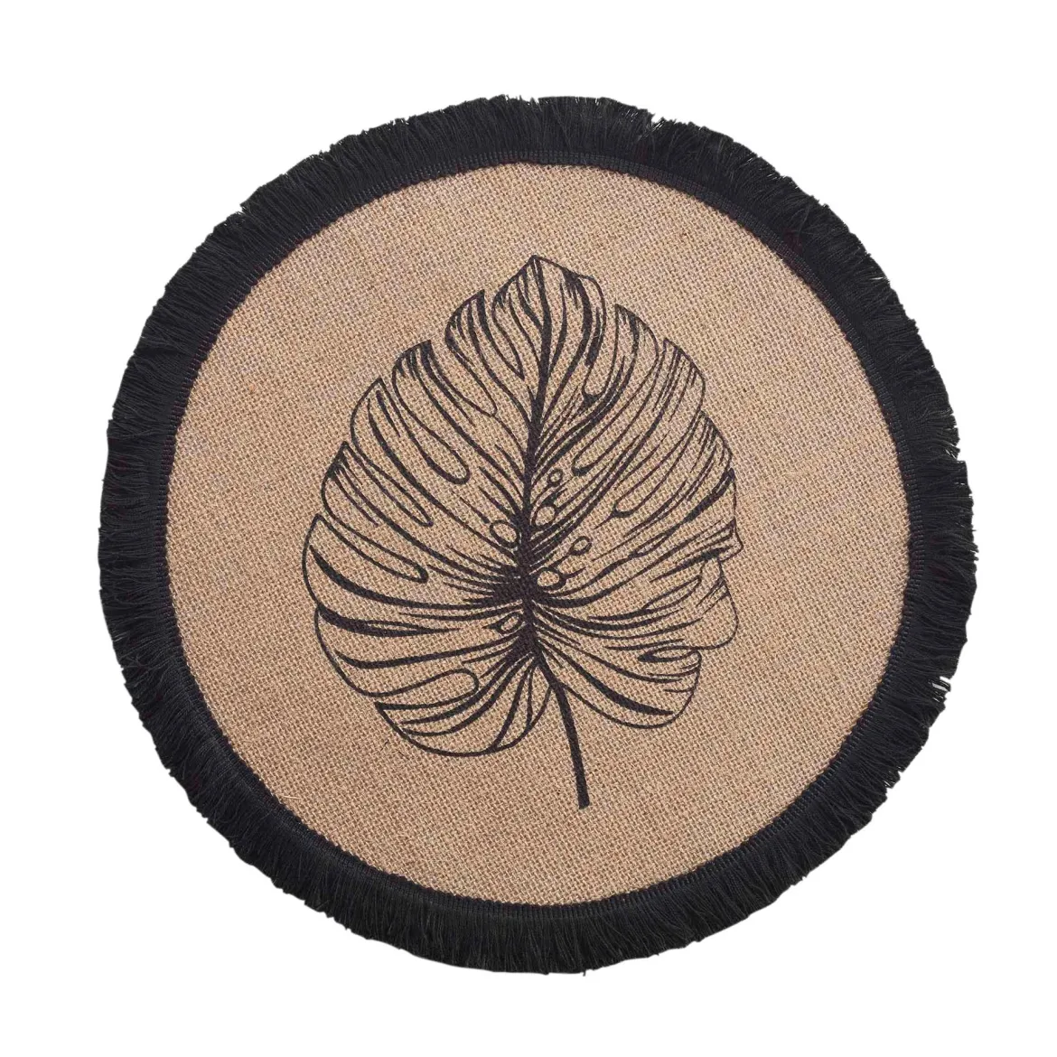 SET DE TABLE D.38CM JUTE IMPRIME ET FRANGES MOGADOR NOIR