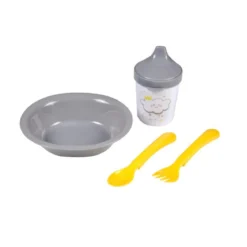 SET REPAS 4 PIECES AVEC ASSIETTE COUVERTS ET TASSE GRIS