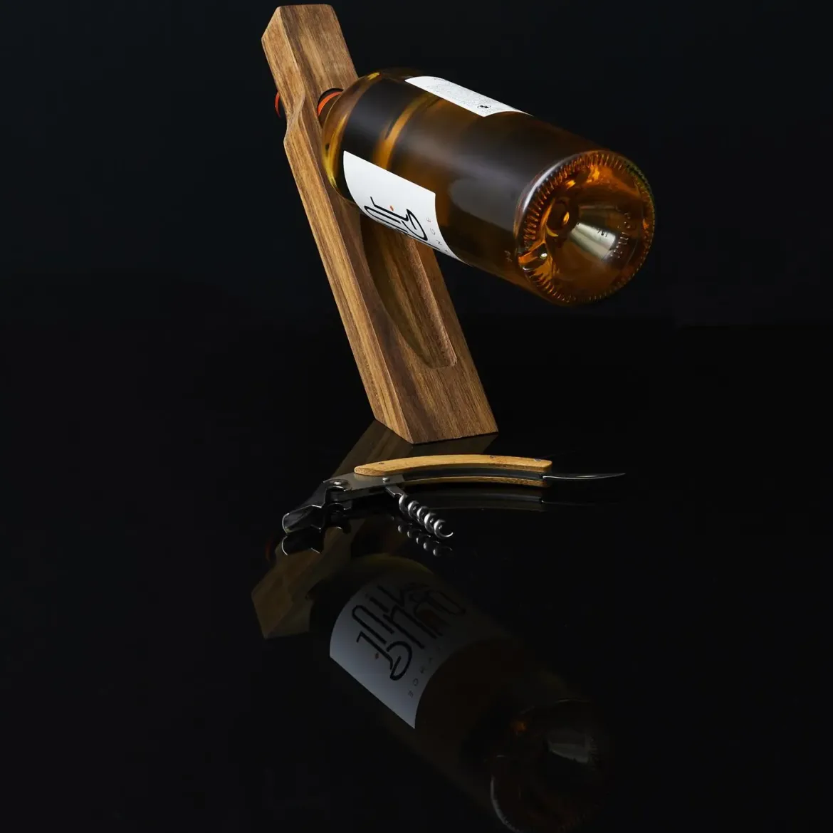 SUPPORT BOUTEILLE ET TIRE BOUCHON ACACIA