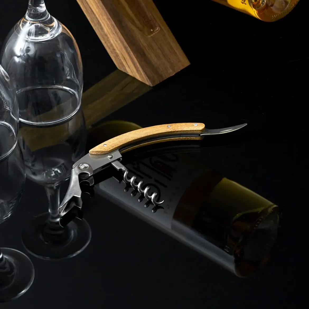 SUPPORT BOUTEILLE ET TIRE BOUCHON ACACIA