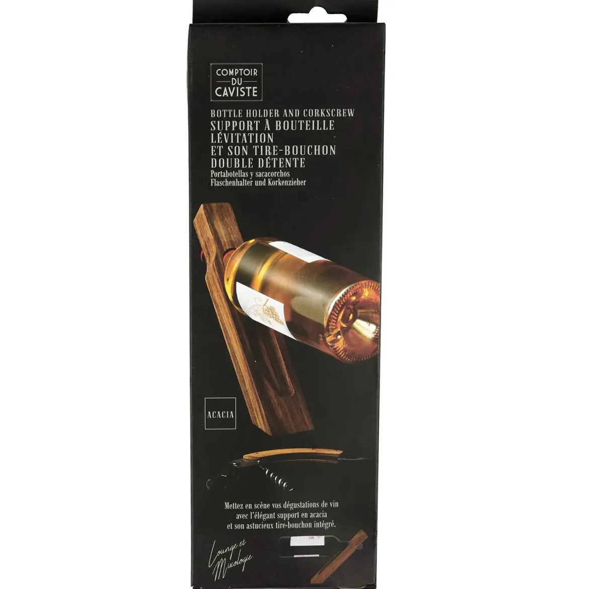 SUPPORT BOUTEILLE ET TIRE BOUCHON ACACIA