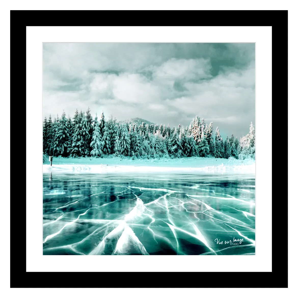 TABLEAU 25X25CM BAGUETTE NOIRE MAT PAYSAGE GLACE