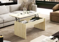 TABLE AVEC PLATEAU RELEVABLE MELAMINE BOIS CLAIRE