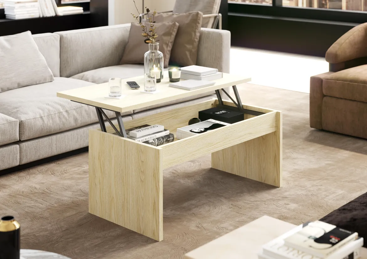 TABLE AVEC PLATEAU RELEVABLE MELAMINE BOIS CLAIRE
