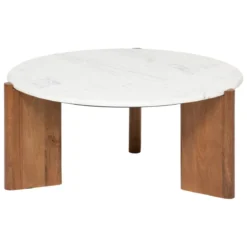 TABLE BASSE NANDA MANGUIER ET MARBRE BLANC D.91.5CM