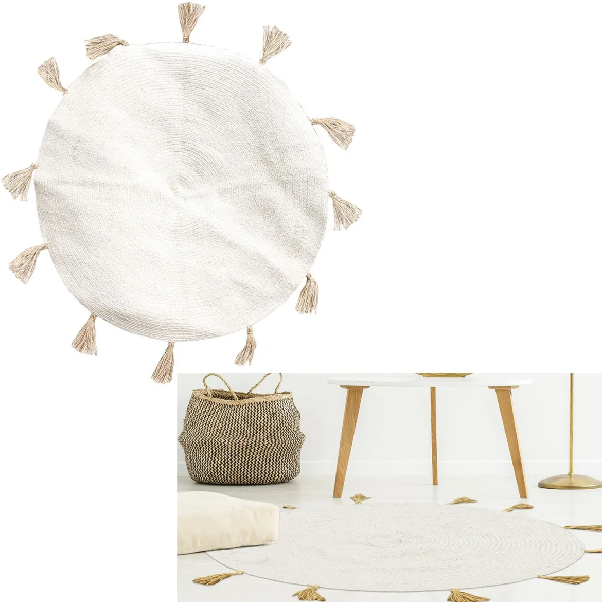 TAPIS ROND COTON POMPON BEIGE 90CM