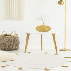 TAPIS ROND COTON POMPON BEIGE 90CM