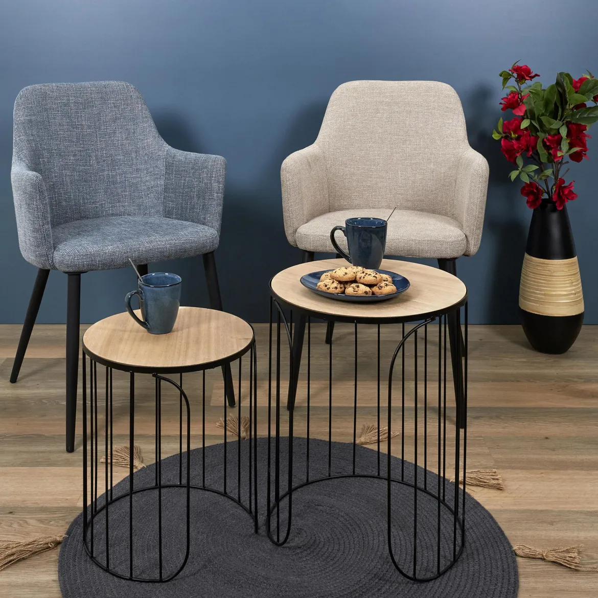 TAPIS ROND COTON POMPON GRIS 90CM