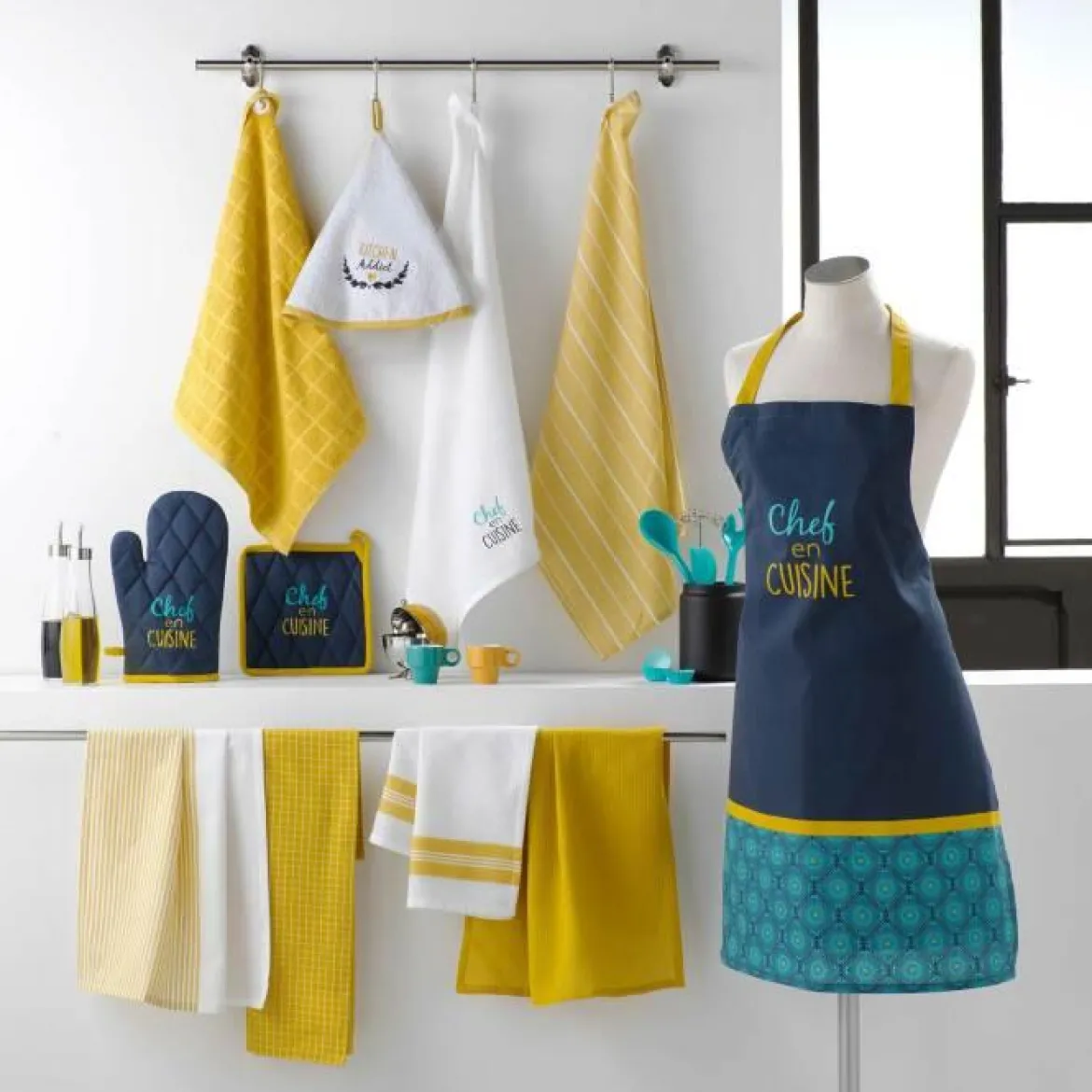 2 TORCHONS 50X70CM COTON TISSE CHEF EN CUISINE JAUNE