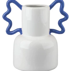 VASE POP BAS BLANC ANSES BLEUES GRES 21X14.5X22CM