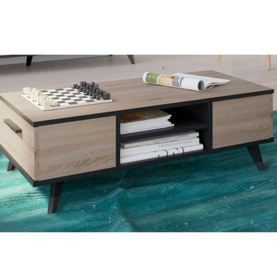 WAYNE TABLE BASSE 2TIROIRS CHENE BROSSE NOIR