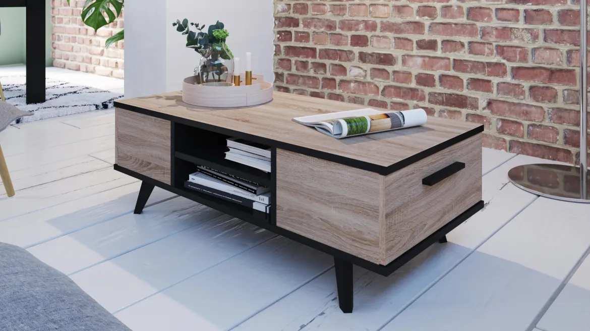 WAYNE TABLE BASSE 2TIROIRS CHENE BROSSE NOIR